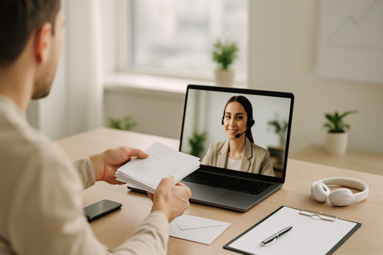 Une femme dans un écran d'ordinateur parle avec un homme à son bureau