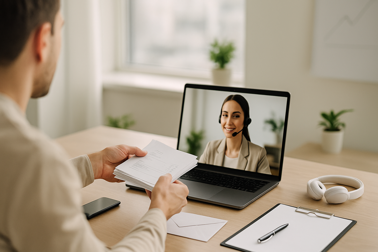 Une femme dans un écran d'ordinateur parle avec un homme à son bureau